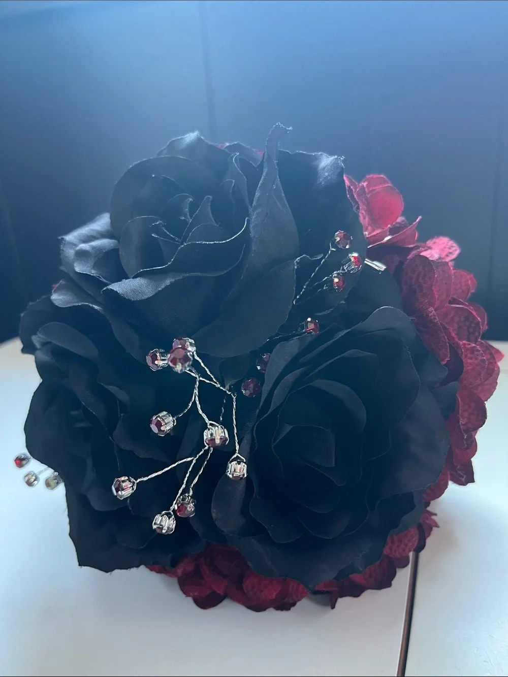 Black & Deep Red Floal Bouquet with Crystal Accents